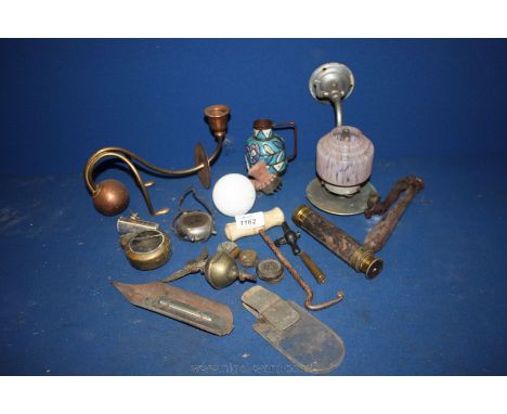 A quantity of miscellanea including a quirky brass and copper Candlestick, ceramic door knob, small cosh, boot puller, etc.