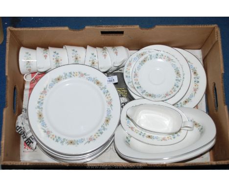 A part Royal Doulton 'Pastorale' pattern Dinner/tea Service including dinner plates, vegetable dishes, gravy boat/stand, cups