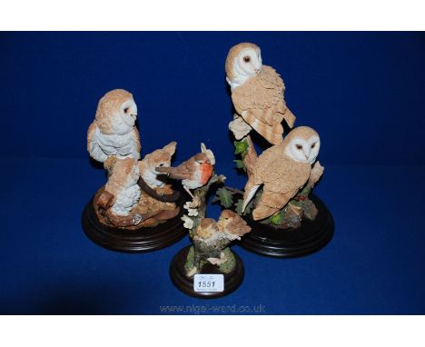 A model of Owls by Country Artists 'Shadows in the barn', plus a model Barn Owl pair and 'Robins with Shepherds Purse'