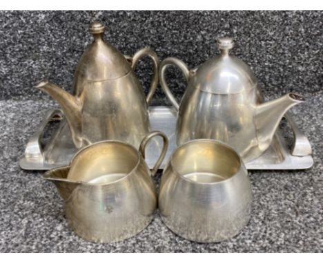 Very heavy gauge white metal teapot &amp; hot water jug and serving tray together with the same milk &amp; sugar bowl