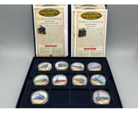 The celebration of steam locomotives coin collection. 24ct gold plated includes Mallard, Golden arrow and King George V with 