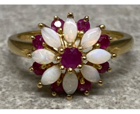 9ct yellow gold Opal &amp; Ruby ring (flower design) size L, 2.6g gross