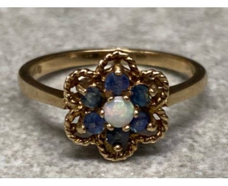 9ct yellow gold Opal &amp; blue stone ring, ring comprises of central Opal surrounded by 6 blue stones, size O1/2, 2.5G gross