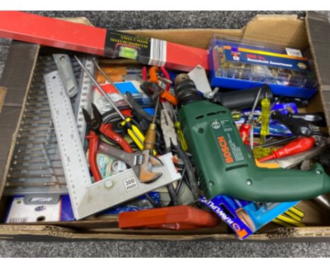 Box of miscellaneous tools &amp; accessories including Bosch power drill, screwdrivers &amp; pliers etc