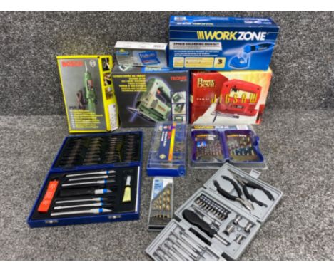 Box containing boxed tools &amp; accessories including Bosch screwdriver, modelling kit, power devil jigsaw etc