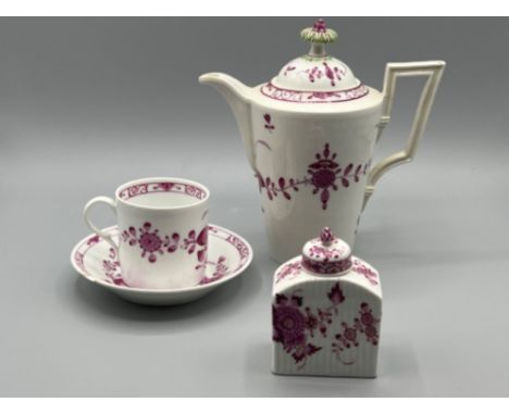 Meissen China 4 pieces including teapot dated 1774 (slight damage on handle) plus interesting tea caddy