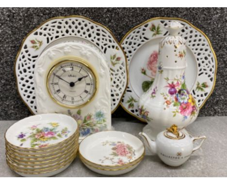 Aynsley mantle clock (wild Tudor pattern) together with 2x Royal Doulton &amp; 8x Minton plates also includes miniature Coalp