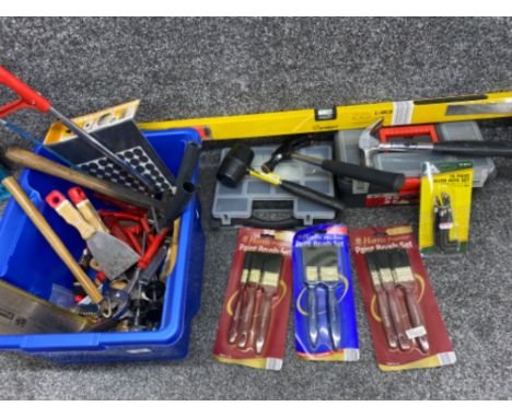 Box containing miscellaneous hand tools including saws, hammer, tool boxes &amp; brush sets