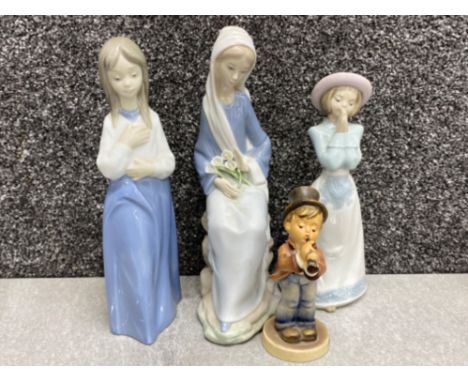 Lladro figure 4972 sitting girl with lilies together with 2x Nao figures &amp; Goebel Hummel figure