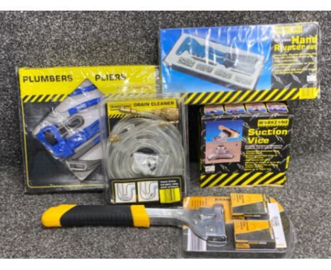Total of 5 Workzone tools includes brand new plumbers pliers, hammer tacker, drain cleaner &amp; 60 piece hand riveter set. A