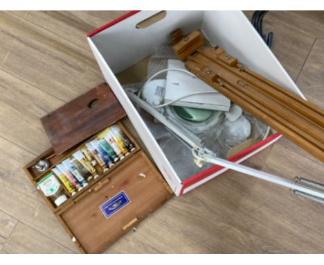 Box containing wooden easel &amp; artists paint box with paints, also includes a contemporary desk lamp