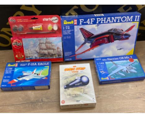 2x Revell military aircraft models - F-4F phantom II, F-15A Eagle plus one other model plane, also includes Airfix model boat