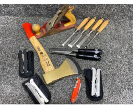 Job lot of hand tools including Powerfix axe, chisels, multi tools &amp; Acorn plane etc