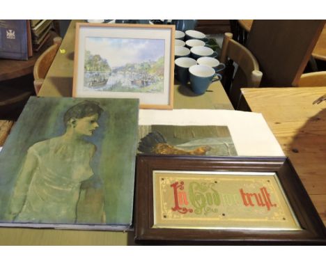 A late Victorian religious embroidery 'In God We Trust'; together with a watercolour, river scene, oleograph and print. (5)