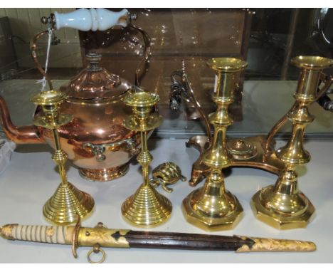 A Victorian copper and brass spirit kettle, two pairs of brass candlesticks, a ceremonial dagger etc.