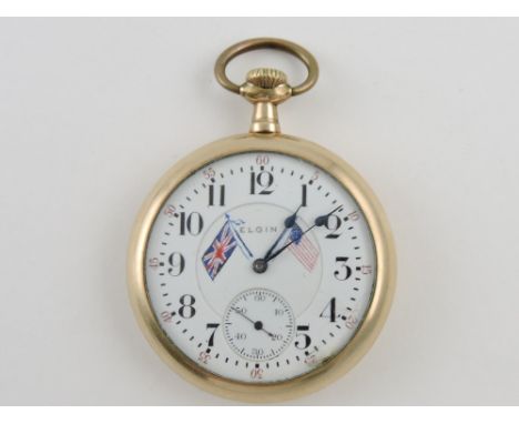 An Elgin gold-plated open face pocket watch, with British and US flags on the ceramic dial, with subsidiary second dial.
