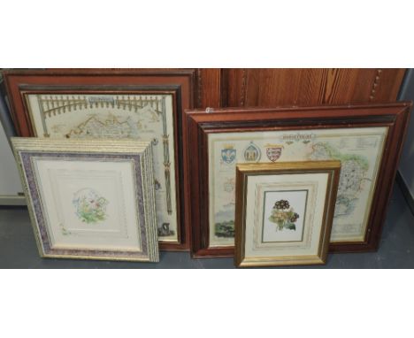 A pair of 18th Century style county map prints together with a watercolour and one further print.