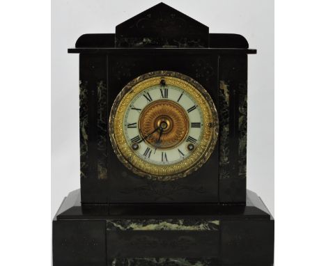 A late 19th century American black slate mantel clock, by Ansonia Clock Company, with eight-day movement, the white enamel di