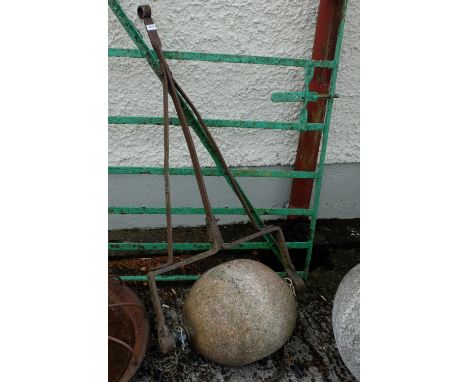 Horse Drawn oval shaped Sandstone Drill Roller, metal handles, 16” wide