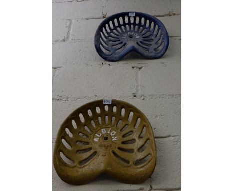 Pair of Cast Iron Tractor Seats, both “Albion”, one painted blue model 4239 & 1 painted gold model no. 5329 (2)