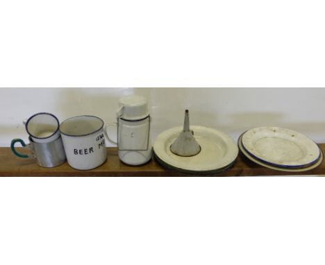 Early 20thC enamel items – large mug, sieve, flask with cup, 6 dinner plates etc (11)