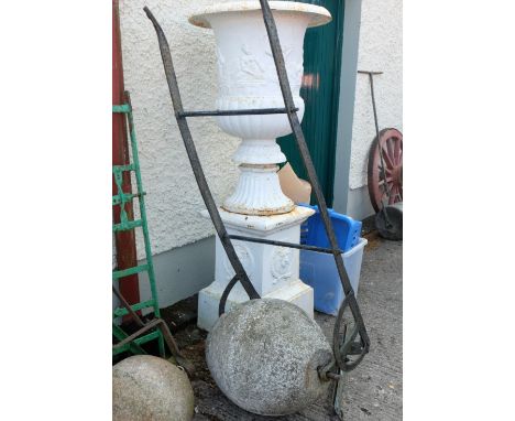 Horse Drawn oval shaped Sandstone Drill Roller, metal handles, 22”w
