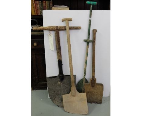 4 tools - 2 wooden brewers shovels, large spade for digging drains & digging fork (4)