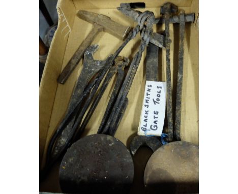 Box of Blacksmiths Forge Gate Tools incl. 4 chisels, 2 spanners, 1 hammer, 1 pincers, 2 tins of grease etc (11)