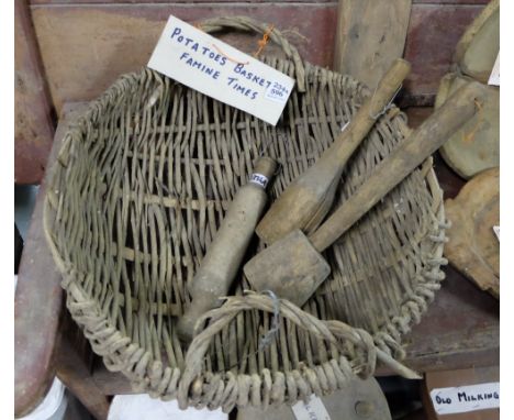 Wicker Potato Basket with two carrying handles 23” dia, 2 wooden pounders & rolling pin (4) 