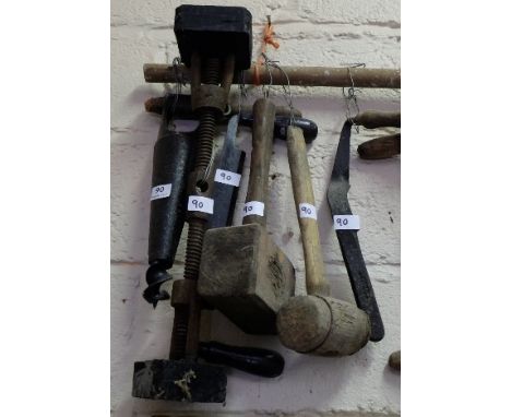 6 coopers tools including 3 mallets, a core drill and a saw (6)
