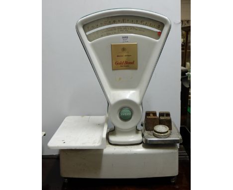 Avery Shop Weighing Scales, with extra box of weights, 26”w x 30”h, 1950’s