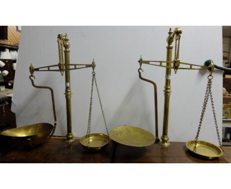 Similar Pair of Brass Weighing Scales, stamped Mark & Son, Liverpool -  1 with round pans, 1 with scoop pan (2)