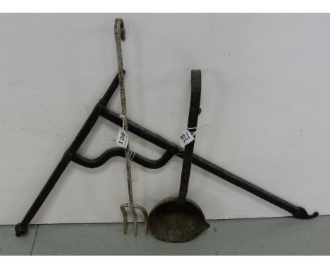 Small metal crane with supporting hook, 22” wide, Metal Toasting Fork & Metal Ladle (3)