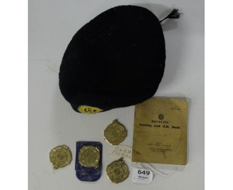 Civil Defence Cap (made by Mizen Head” Ireland), Recruits Scoring Book “for rifle and light machine gun” & 4 Garda medals (un