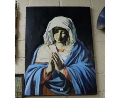 Oil on Board, portrait of Virgin Mary wearing a blue cloak, 43”w x 50”h