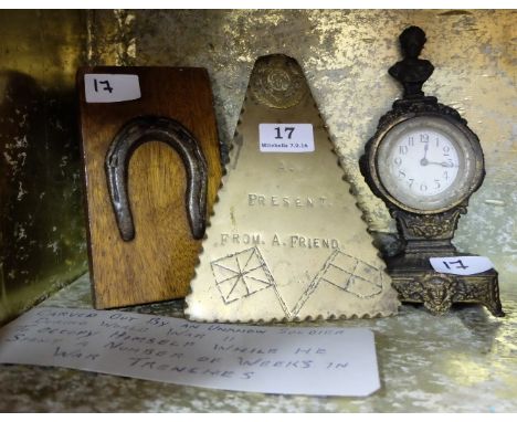 3 items - Trench Art copper horse shoe plaque, Brass Trivet “A Present from a Friend” & Brass cased Mantle Clock (3)