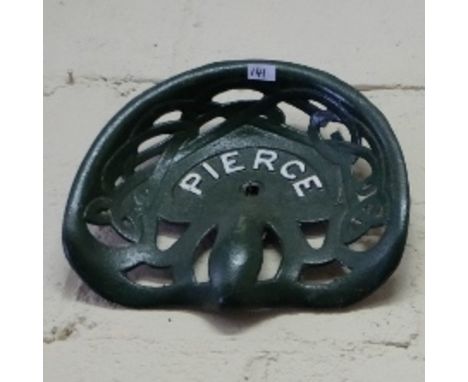Set of 3 Cast Iron Tractor Seats, inscribed “Pierce”, two painted green and 1 painted brown (1 damaged) (3)