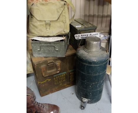 Tall army flask, 2 army bomb carrying cases, portable petrol cooker & canvas bag (WWII) (5)