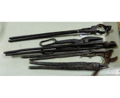 6 iron Blacksmiths Forge Tools – mainly tongs & snips