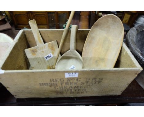 Box of wooden butter tools – 3 scoops, pats, bowls etc, in butter crate stamped “Irish Free State” (7)