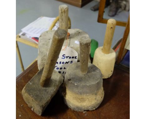 4 old stone masons tools – timber mallets