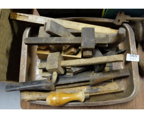 Box of Carpenters Tools – 3 wood rulers, 3 guages, 2 spoke shaves etc