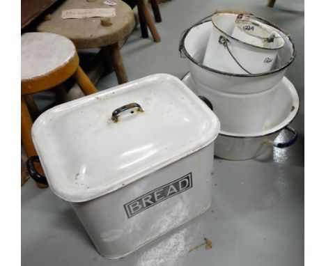 7 early 20thC enamel items – 1 bread bin, 3 milk cans, 2 basins & 1 bucket