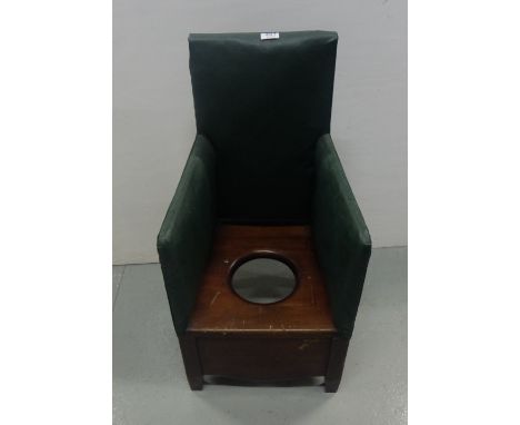 Childs 19thC Commode Armchair, green leatherette covered arms and back