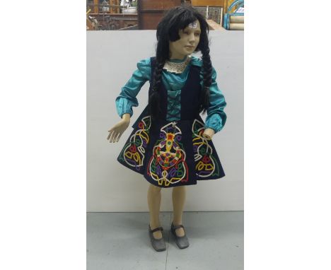 Girl’s Irish Dancing Costume, navy wool with intricate celtic stitching and green satin blouse