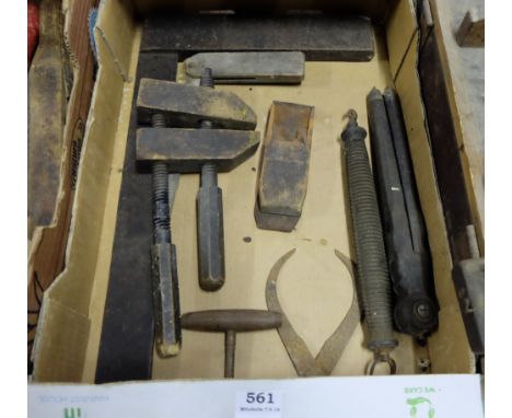 Box of Carpenters Tools incl. 2 set squares, 1 wood clamp, hand scales etc