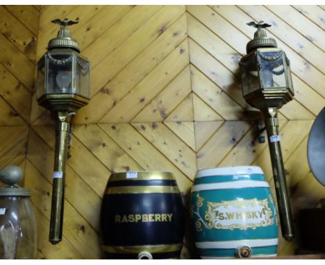 Matching Pair fine Edw. Brass Carriage Lamps, the eagle finial mount over 6-sided glass panel, on a brass pole and brackets