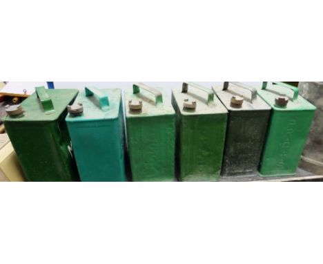 6 Petrol Cans, painted green – Pratts, Esso etc