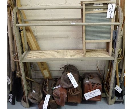 Pine framed boot rack, painted green, with bergere shelf and stick stands at either end, 51”w x 51”h