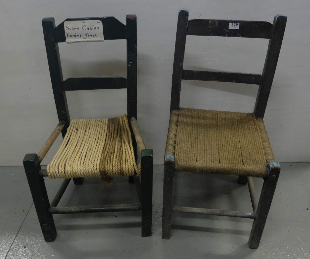 2 Irish antique pine sugan chairs, with rope seats 1 painted green, 1